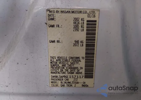 2016 Nissan Altima 3.5 Sr from USA, damaged, VIN 1N4BL3AP9GC157117